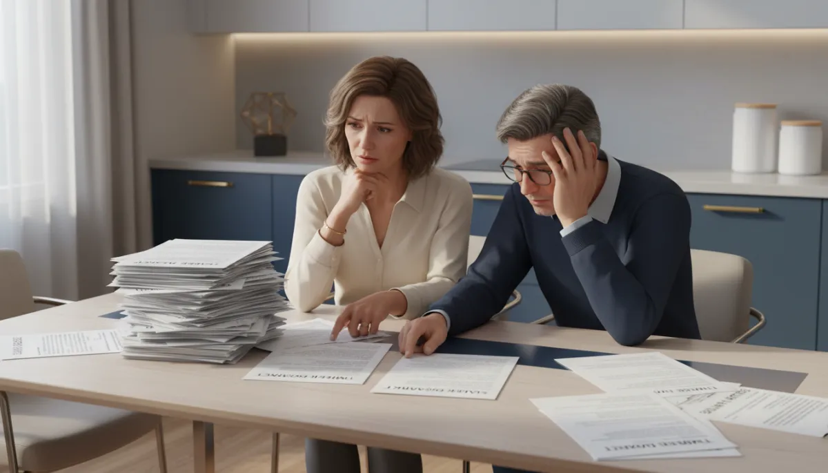 professional neutral-toned photo of a worried middle-aged couple at a kitchen table reviewing a stack of timeshare and solar contract documents, soft natural light, subtle navy and gold accents, calm but serious mood