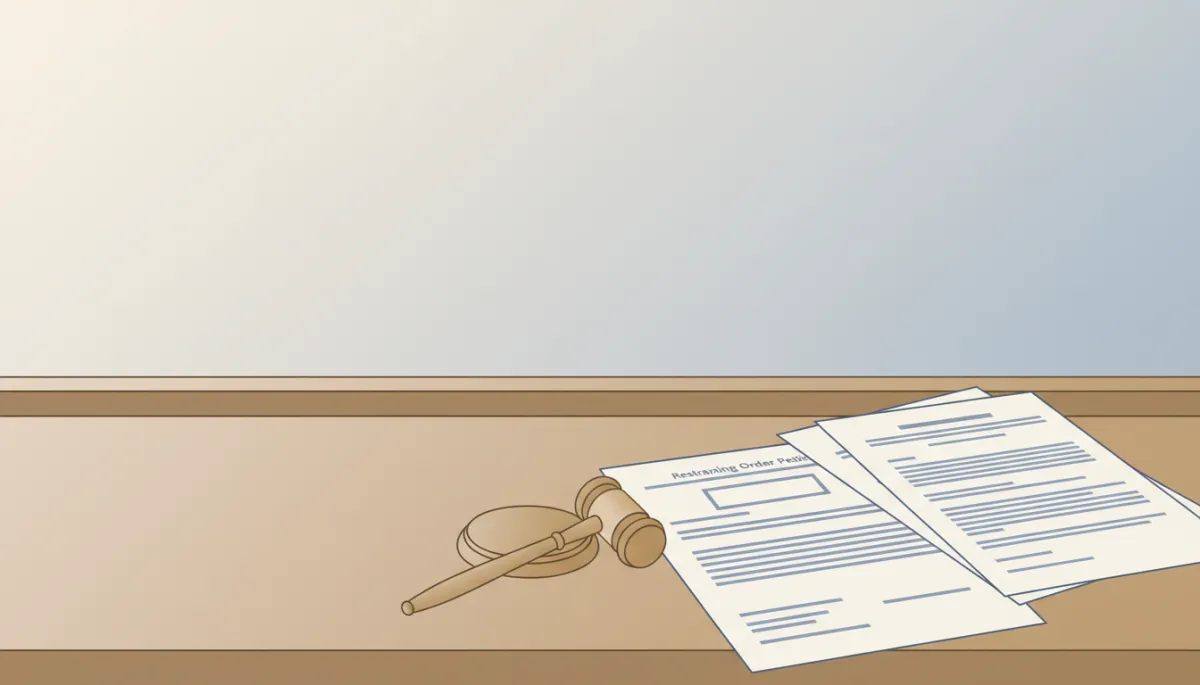 Legal documents and restraining order paperwork in a California courtroom Legal documents and restraining order paperwork in a California courtroom
