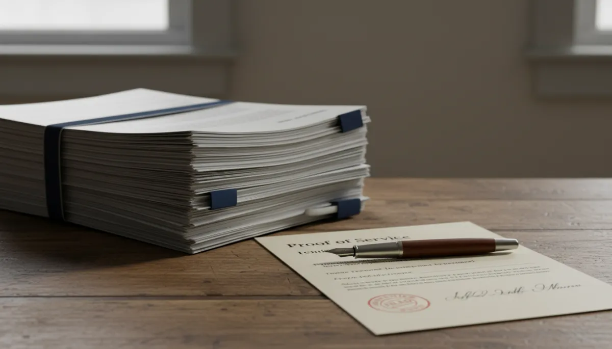 Completed proof of service form alongside legal documents on a desk