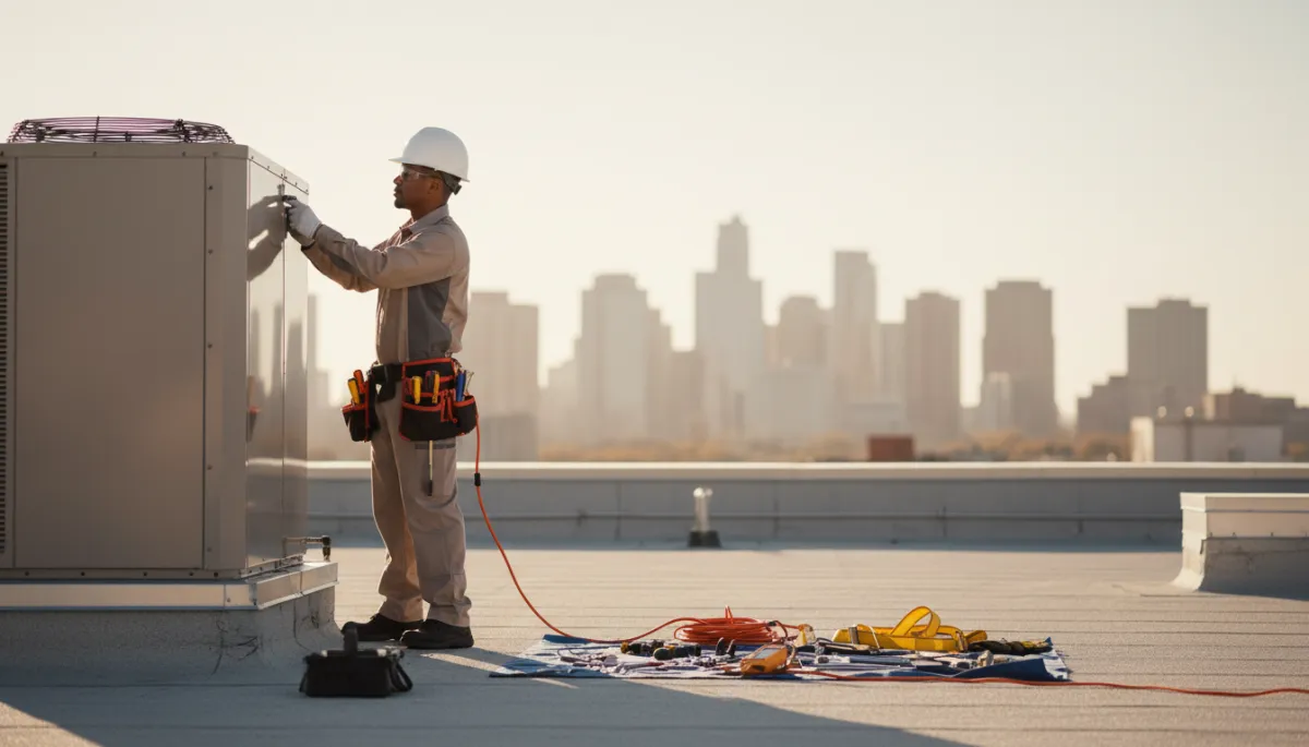 Maintenance technician performing HVAC repair on multifamily building rooftop