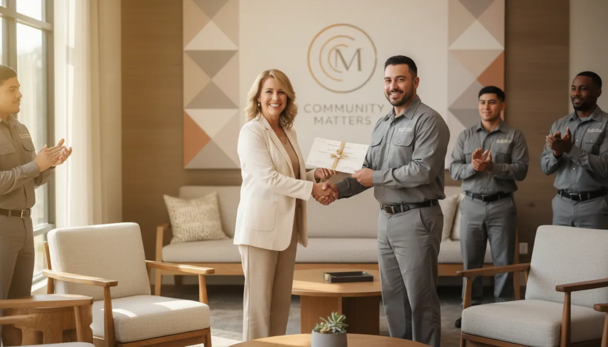 Community manager recognizing multifamily maintenance team with awards