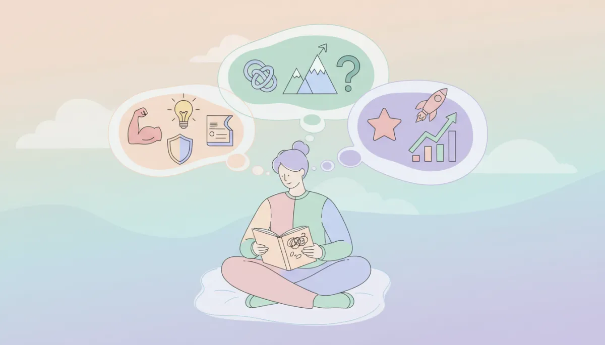 Illustration of a professional practicing self-reflection with notes and thought bubbles