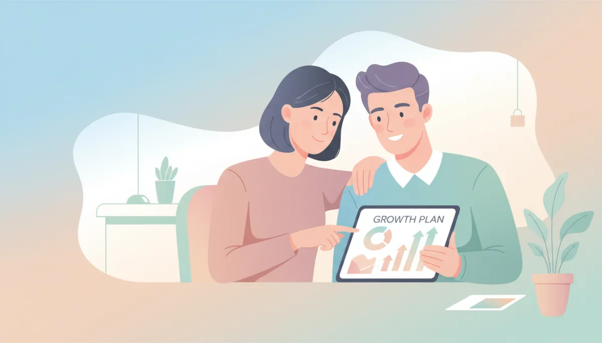 Illustration of a leader and team member collaborating on a growth plan