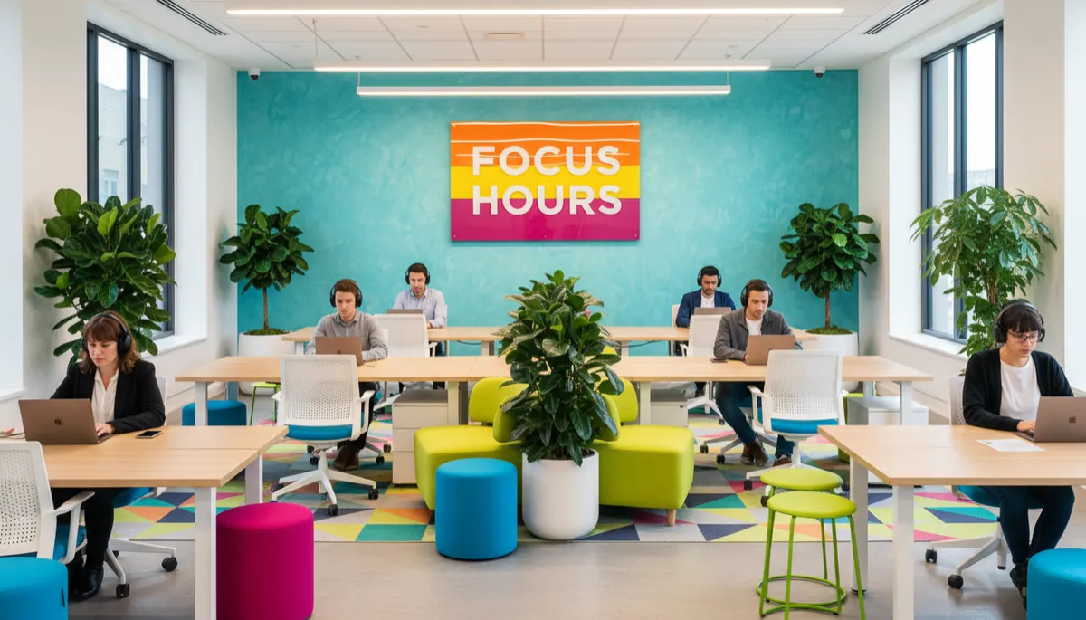 Calm, focused office environment that supports deep work and healthy balance