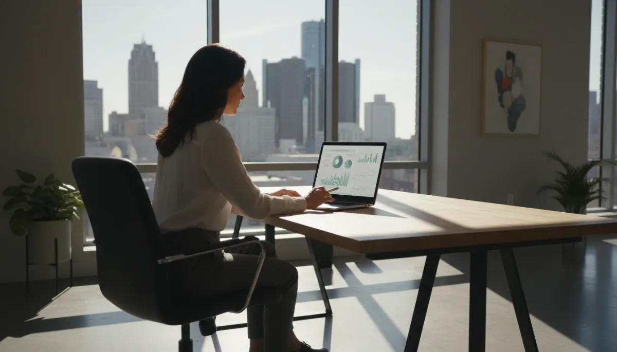 photorealistic neutral-toned scene of a Michigan small business owner reviewing marketing reports on a laptop in a modern office, downtown Detroit skyline visible through window, subtle charts and graphs on screen