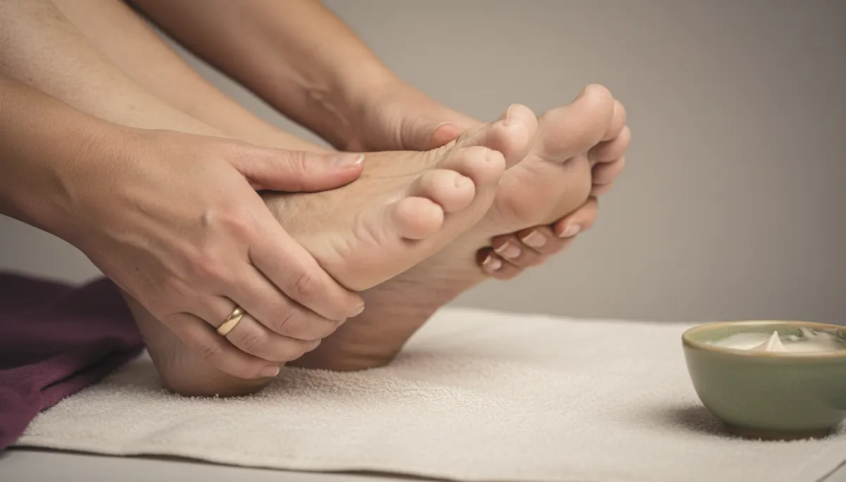 Nurse performing gentle foot assessment and care for a senior Nurse performing gentle foot assessment and care for a senior