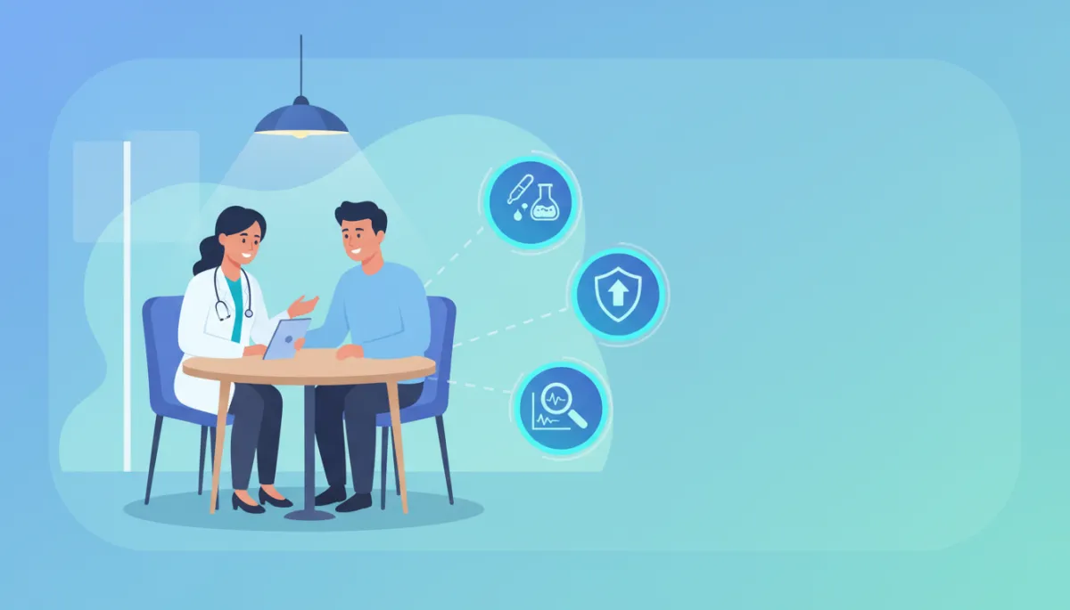 A modern, clean infographic emphasizing responsible peptide therapy: showing a clinician and patient in a calm clinic setting, with visual callouts for 'personalized dosing', 'medical guidance', and 'ongoing monitoring'. Use blue and teal brand accents. A modern, clean infographic emphasizing responsible peptide therapy: showing a clinician and patient in a calm clinic setting, with visual callouts for 'personalized dosing', 'medical guidance', and 'ongoing monitoring'. Use blue and teal brand accents.