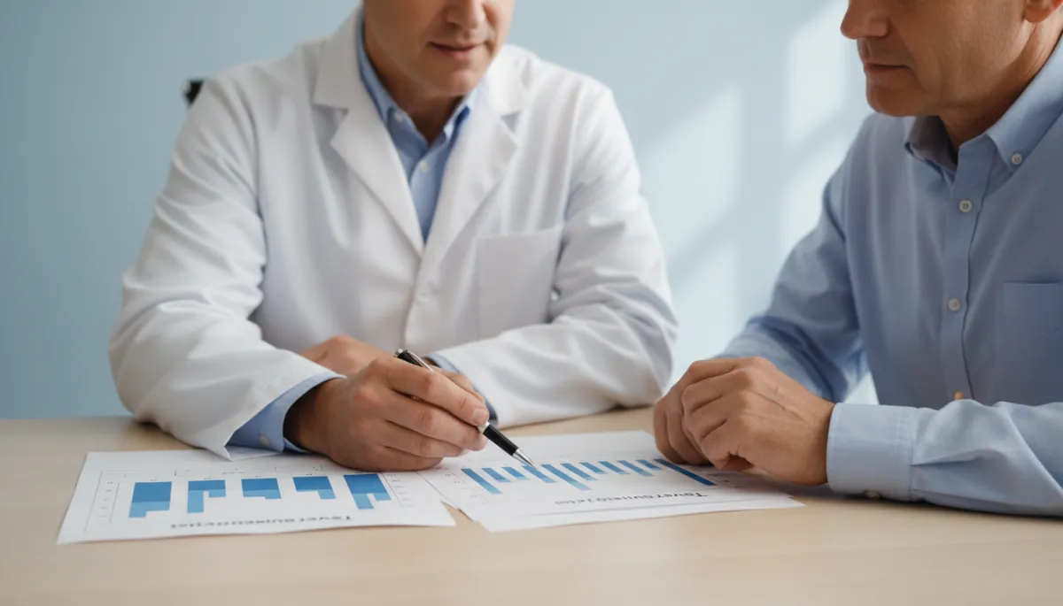 Physician and patient reviewing testosterone and metabolic lab results together Physician and patient reviewing testosterone and metabolic lab results together