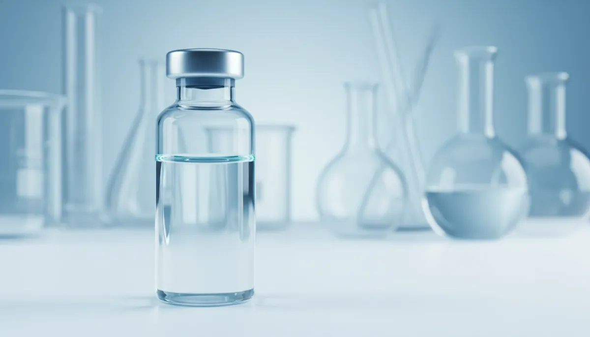 photorealistic extreme macro shot of a single clear glass vial of clear solution on a clean white laboratory surface, dramatic shallow depth of field, softly out-of-focus scientific glassware receding into the background, cool cinematic color grade with bright blue #188bf6 rim lighting and cyan #2fbfeb reflections in the glass, precise minimal premium research aesthetic conveying scientific caution rather than hype, no text or labels photorealistic extreme macro shot of a single clear glass vial of clear solution on a clean white laboratory surface, dramatic shallow depth of field, softly out-of-focus scientific glassware receding into the background, cool cinematic color grade with bright blue #188bf6 rim lighting and cyan #2fbfeb reflections in the glass, precise minimal premium research aesthetic conveying scientific caution rather than hype, no text or labels