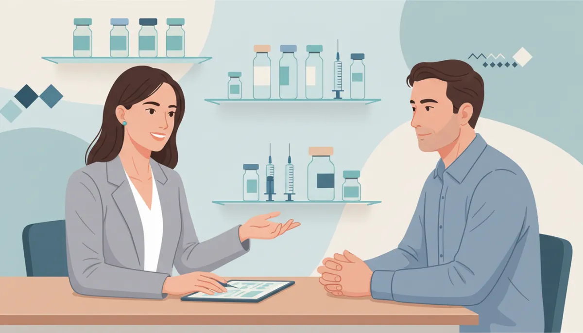 professional neutral-toned clinic setting with a physician discussing peptide therapy options with a calm adult patient, glass shelves with neatly arranged vials, subtle dark blue and teal accents reflecting brand colors, clean modern professional photography style professional neutral-toned clinic setting with a physician discussing peptide therapy options with a calm adult patient, glass shelves with neatly arranged vials, subtle dark blue and teal accents reflecting brand colors, clean modern professional photography style