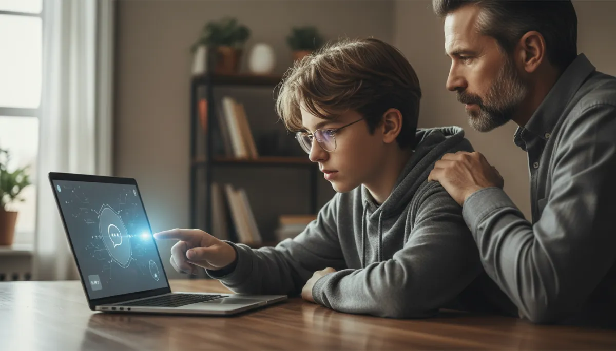 Teenage boy using an AI assistant for studying with guidance from his father