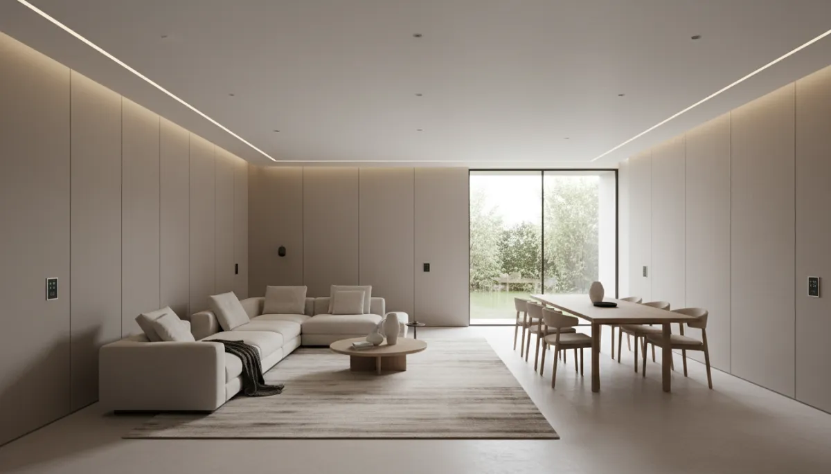 Zona living e dining di lusso con domotica integrata in modo discreto
