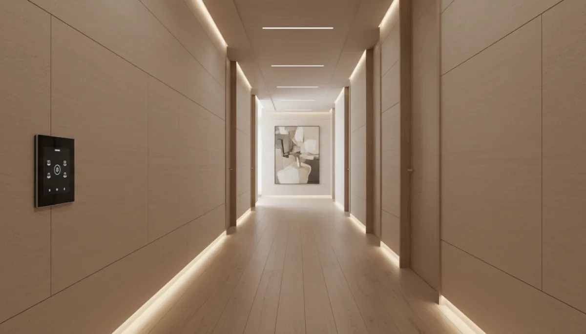 Discrete Loxone touch control seamlessly integrated in a luxury Milan interior, professional neutral style Discrete Loxone touch control seamlessly integrated in a luxury Milan interior, professional neutral style