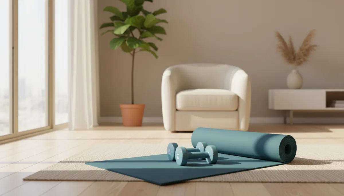 Photorealistic, high-quality image of a pair of well-used, light dumbbells resting on a neatly rolled exercise mat in a bright, inviting living room. Sunlight streams softly through a large window, casting gentle morning shadows. The background shows only tasteful decor, plants, or neutral elements—remove any framed photos or images of people, especially any of an older woman. The scene conveys warmth, perseverance, and lifelong wellness without showing anyone actively exercising, maintaining a calm, professional, and inspiring tone suitable for a health and wellness blog. Photorealistic, high-quality image of a pair of well-used, light dumbbells resting on a neatly rolled exercise mat in a bright, inviting living room. Sunlight streams softly through a large window, casting gentle morning shadows. The background shows only tasteful decor, plants, or neutral elements—remove any framed photos or images of people, especially any of an older woman. The scene conveys warmth, perseverance, and lifelong wellness without showing anyone actively exercising, maintaining a calm, professional, and inspiring tone suitable for a health and wellness blog.