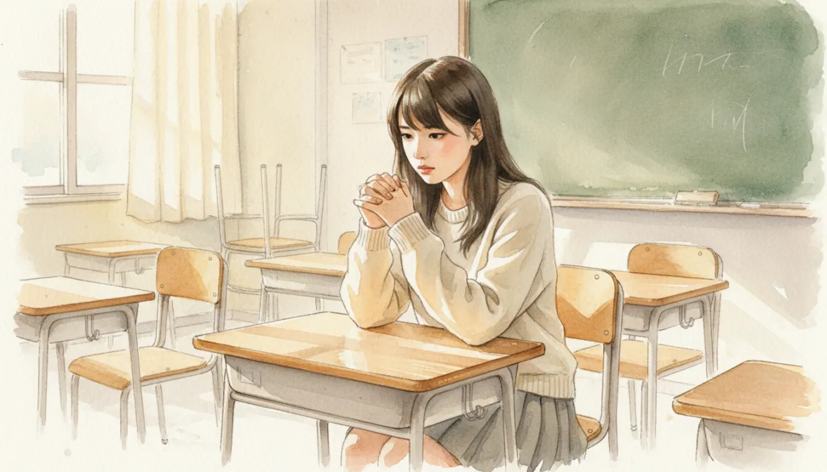 Anxious student sitting alone at a classroom desk Anxious student sitting alone at a classroom desk