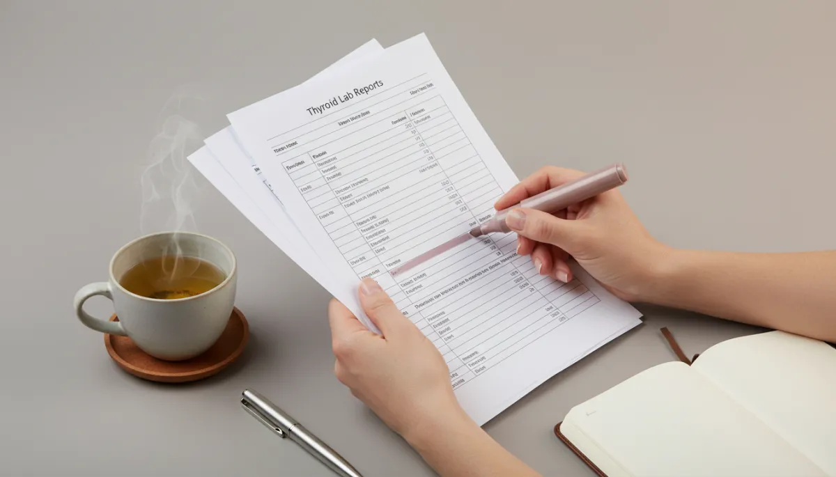 Person highlighting thyroid lab results at a calm, neutral-toned desk