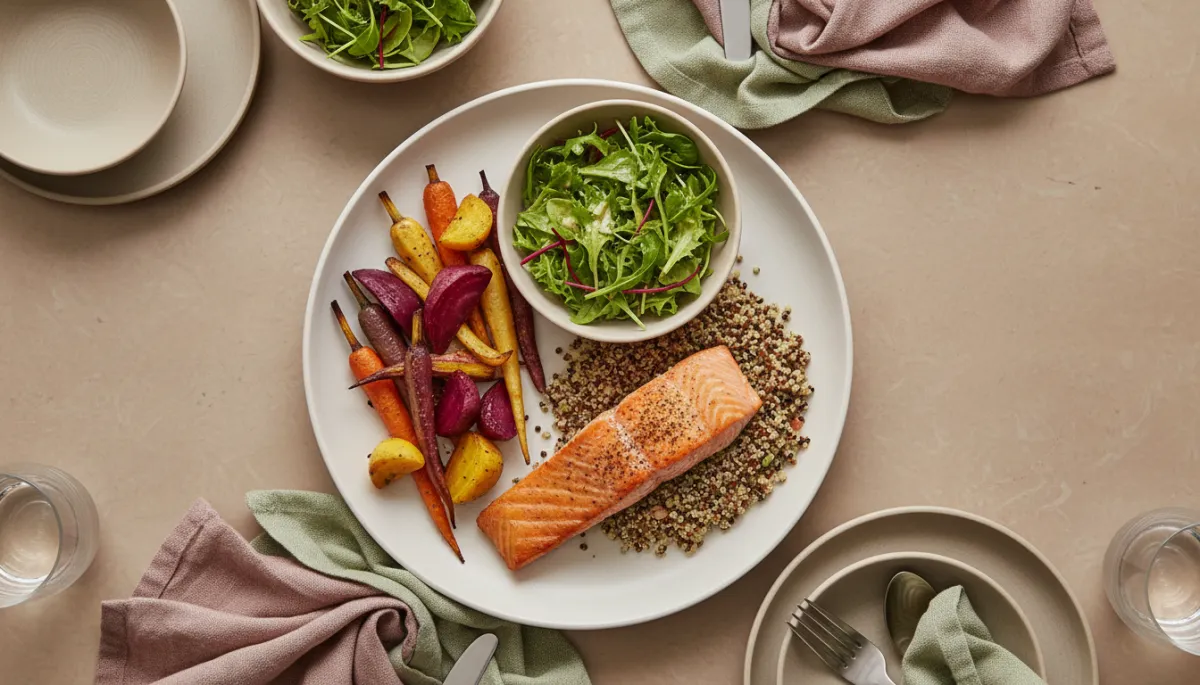 Balanced dinner plate with protein, vegetables, and whole grains on a neutral-toned table Balanced dinner plate with protein, vegetables, and whole grains on a neutral-toned table