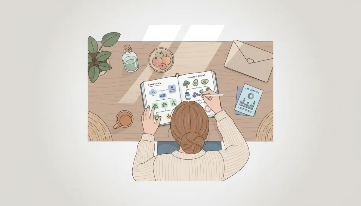 Woman tracking perimenopause symptoms, nutrition, and lab results as part of a root-cause plan Woman tracking perimenopause symptoms, nutrition, and lab results as part of a root-cause plan