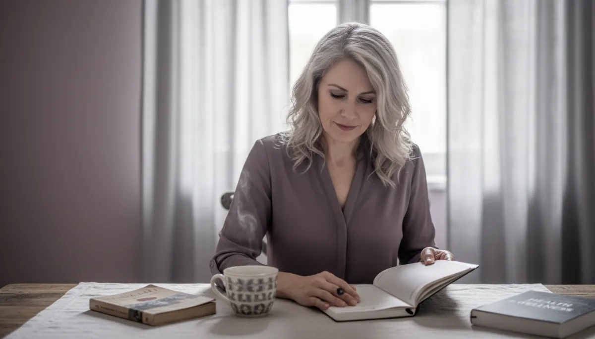 Woman planning travel while reviewing health notes and enjoying tea Woman planning travel while reviewing health notes and enjoying tea