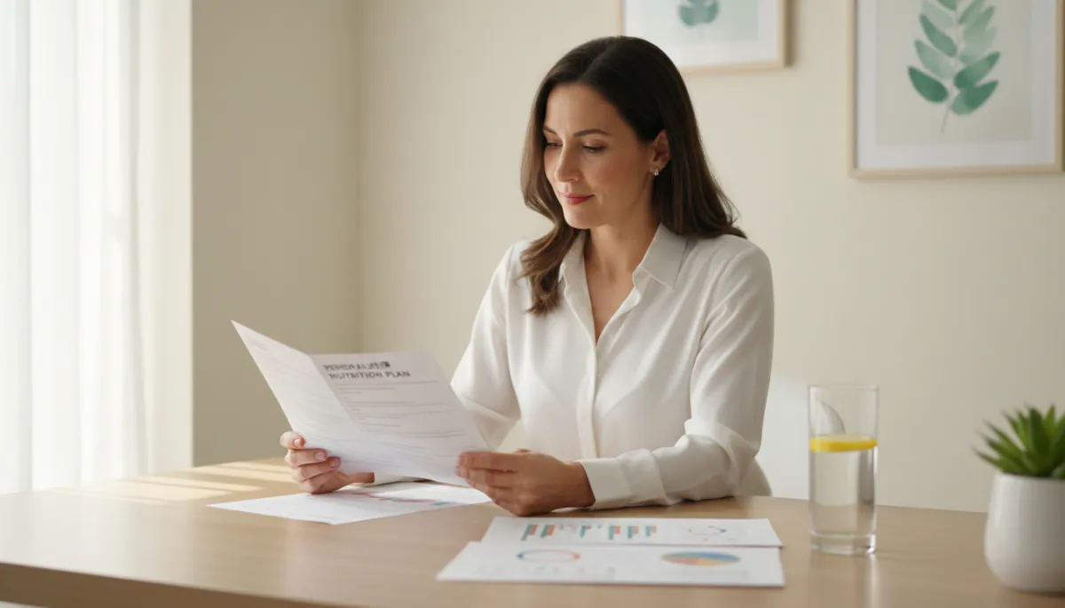 Photorealistic, high-quality image of a woman in her early 40s sitting at a modern desk, thoughtfully reviewing a personalized nutrition plan. The setting is a bright, welcoming wellness office with natural lighting and soft, neutral tones. The woman appears focused, holding the nutrition plan in her hands, with health-related charts and a glass of water on the desk. There are no practitioners or other people present in the scene. The visual emphasizes a sense of self-reflection and empowerment, aligning with the topic of evaluating dietary changes during perimenopause. The overall composition is professional and clean, suitable for a health and wellness blog. Photorealistic, high-quality image of a woman in her early 40s sitting at a modern desk, thoughtfully reviewing a personalized nutrition plan. The setting is a bright, welcoming wellness office with natural lighting and soft, neutral tones. The woman appears focused, holding the nutrition plan in her hands, with health-related charts and a glass of water on the desk. There are no practitioners or other people present in the scene. The visual emphasizes a sense of self-reflection and empowerment, aligning with the topic of evaluating dietary changes during perimenopause. The overall composition is professional and clean, suitable for a health and wellness blog.