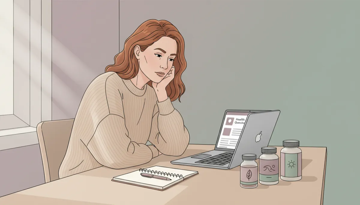 Woman reviewing supplements and health notes at a calm, neutral-toned table