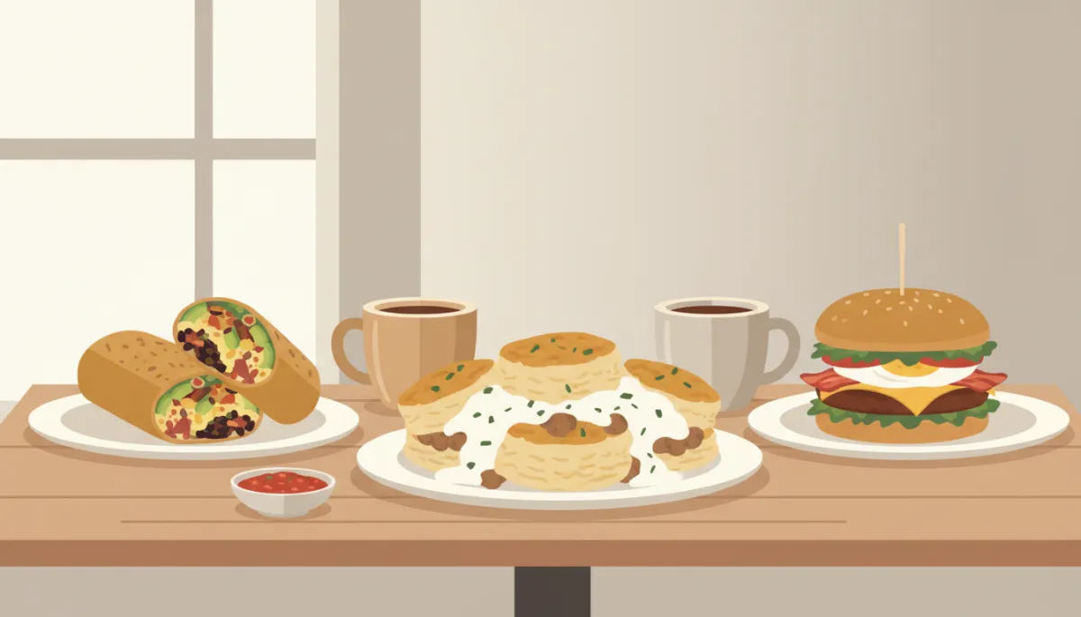 Hearty breakfast dishes including biscuits and gravy, burrito, and burger at Rendezvous Venue