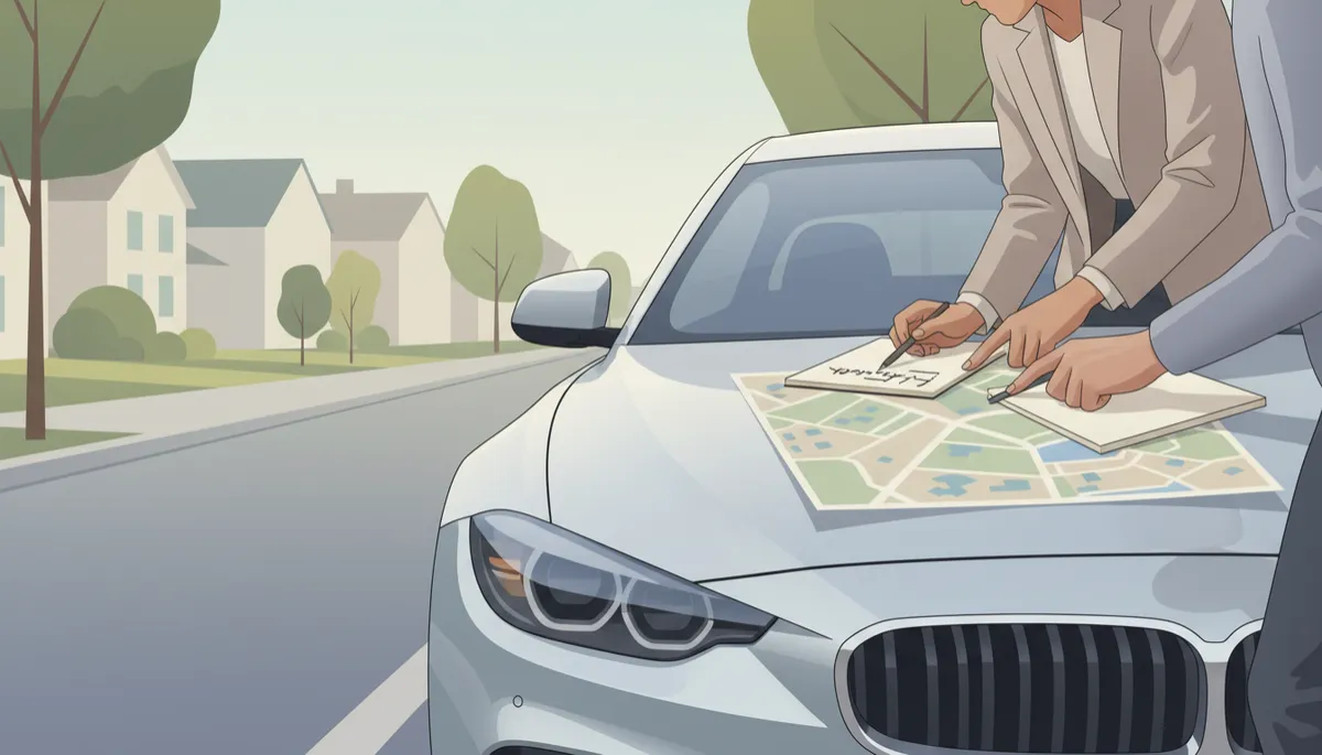 professional photorealistic close-up of a car parked on a quiet Paducah KY street, buyer and real estate agent studying a printed neighborhood map and notes on the car hood, neutral tones and soft daylight