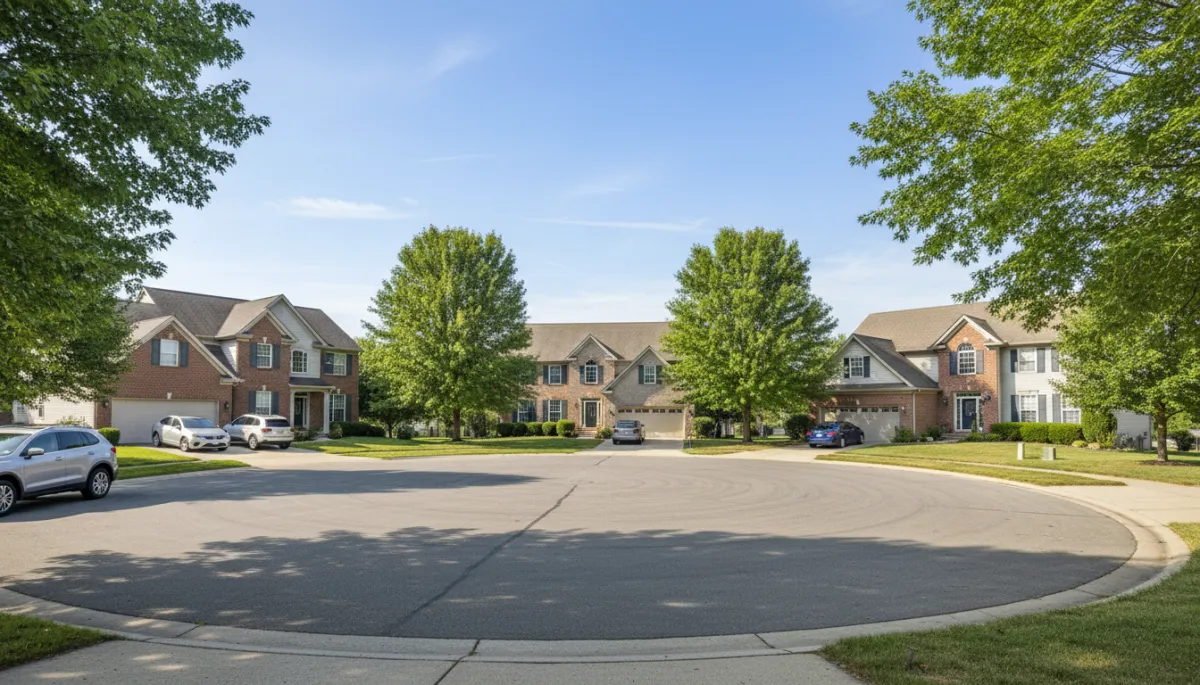 Residential street with single-family homes and mature trees in North Naperville