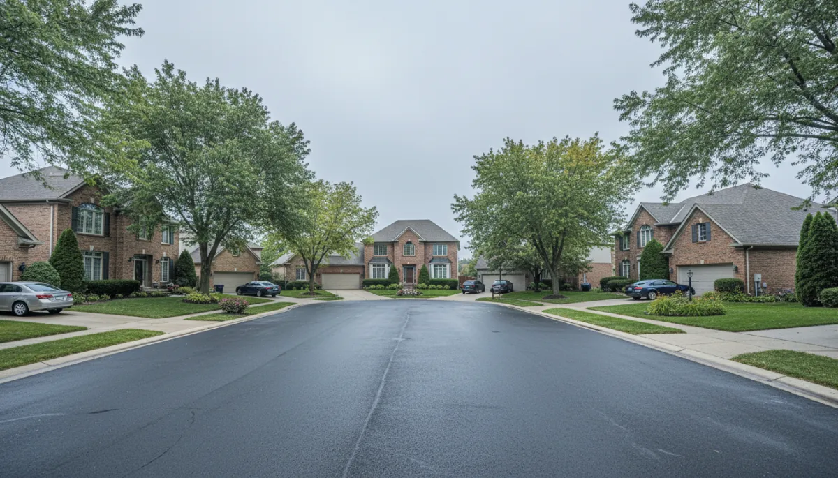 Tree-lined Naperville cul-de-sac with well-maintained single-family homes