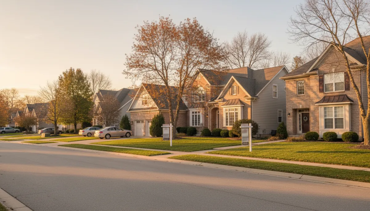 Street of Naperville single-family homes with a few for sale signs Street of Naperville single-family homes with a few for sale signs