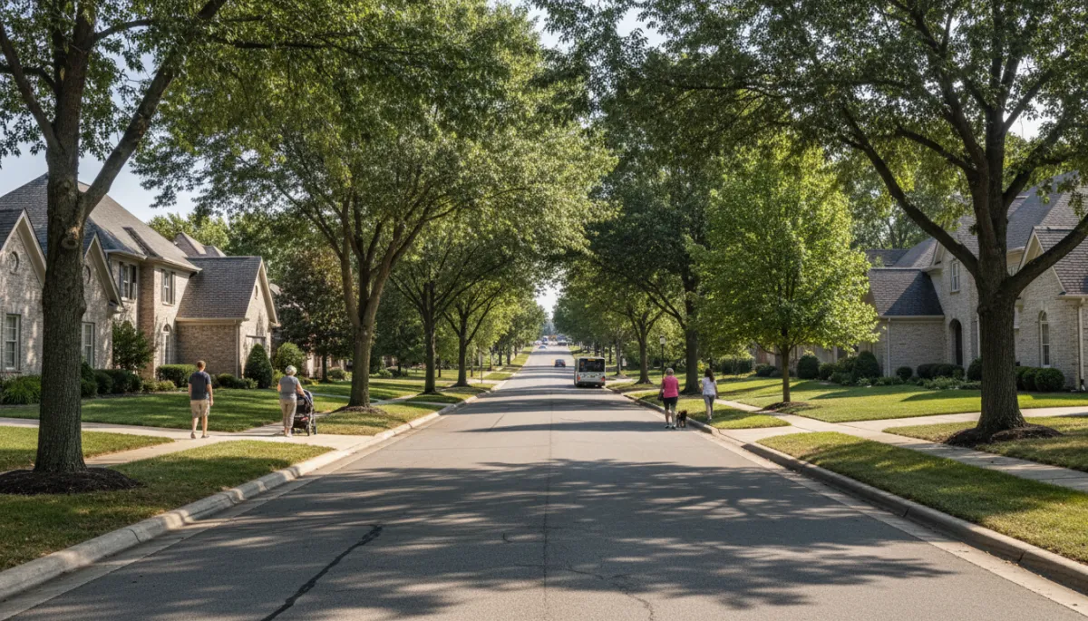 A calm North Naperville residential street leading toward a main road with light traffic A calm North Naperville residential street leading toward a main road with light traffic