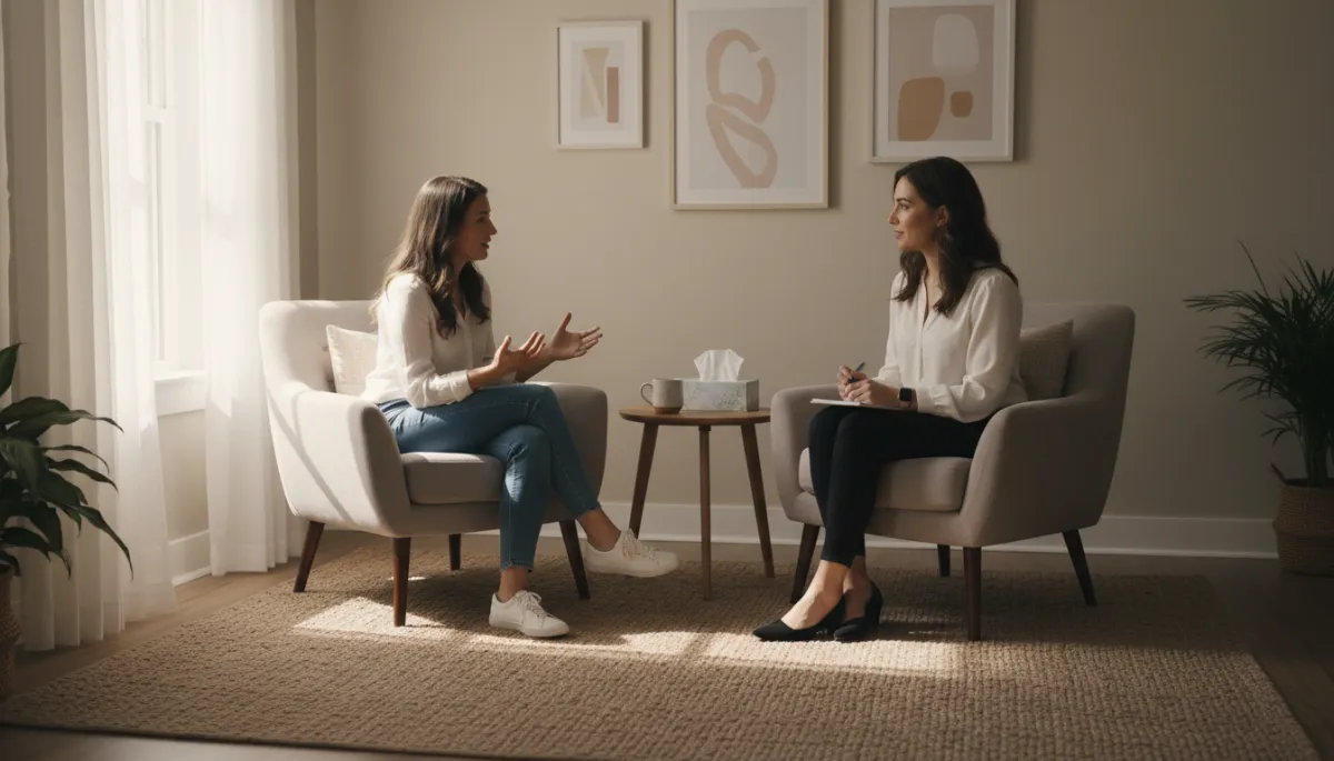 Woman talking with a therapist in a calm, professional counseling setting Woman talking with a therapist in a calm, professional counseling setting