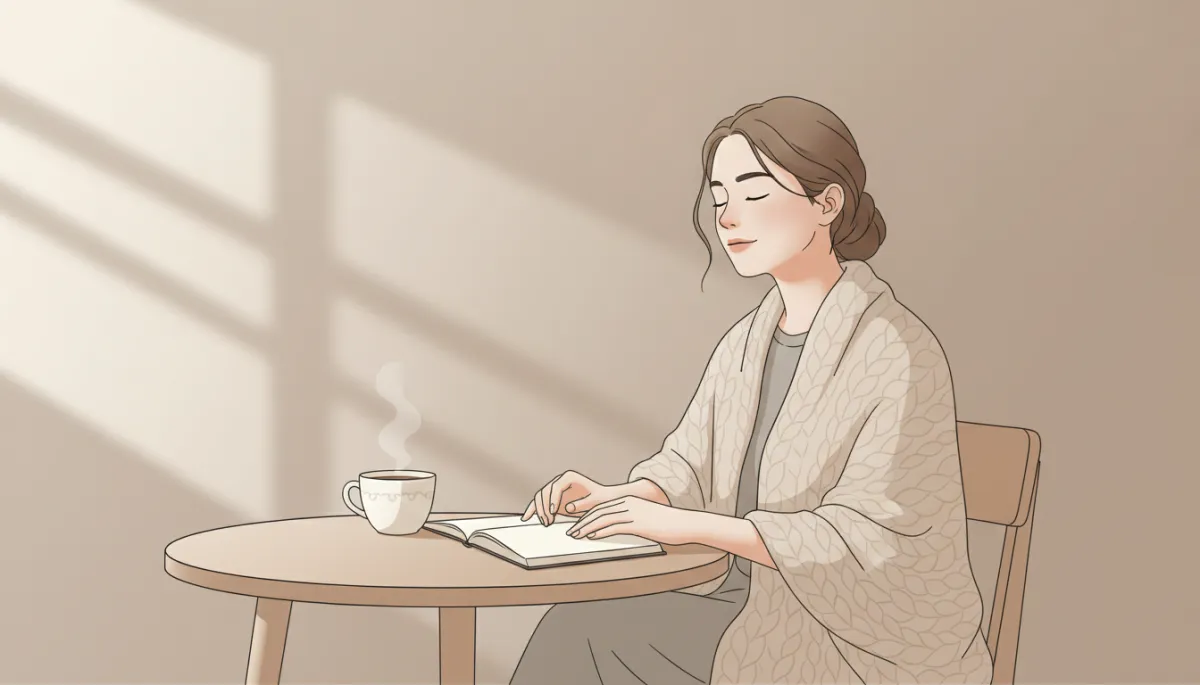 Woman pausing with tea and journal, taking a mindful and gentle break Woman pausing with tea and journal, taking a mindful and gentle break