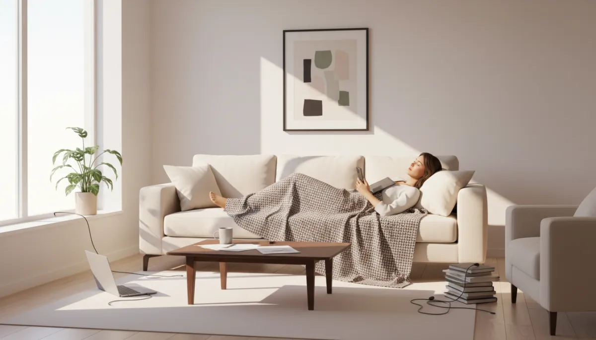 Woman sitting on a sofa trying to rest but still looking mentally exhausted Woman sitting on a sofa trying to rest but still looking mentally exhausted
