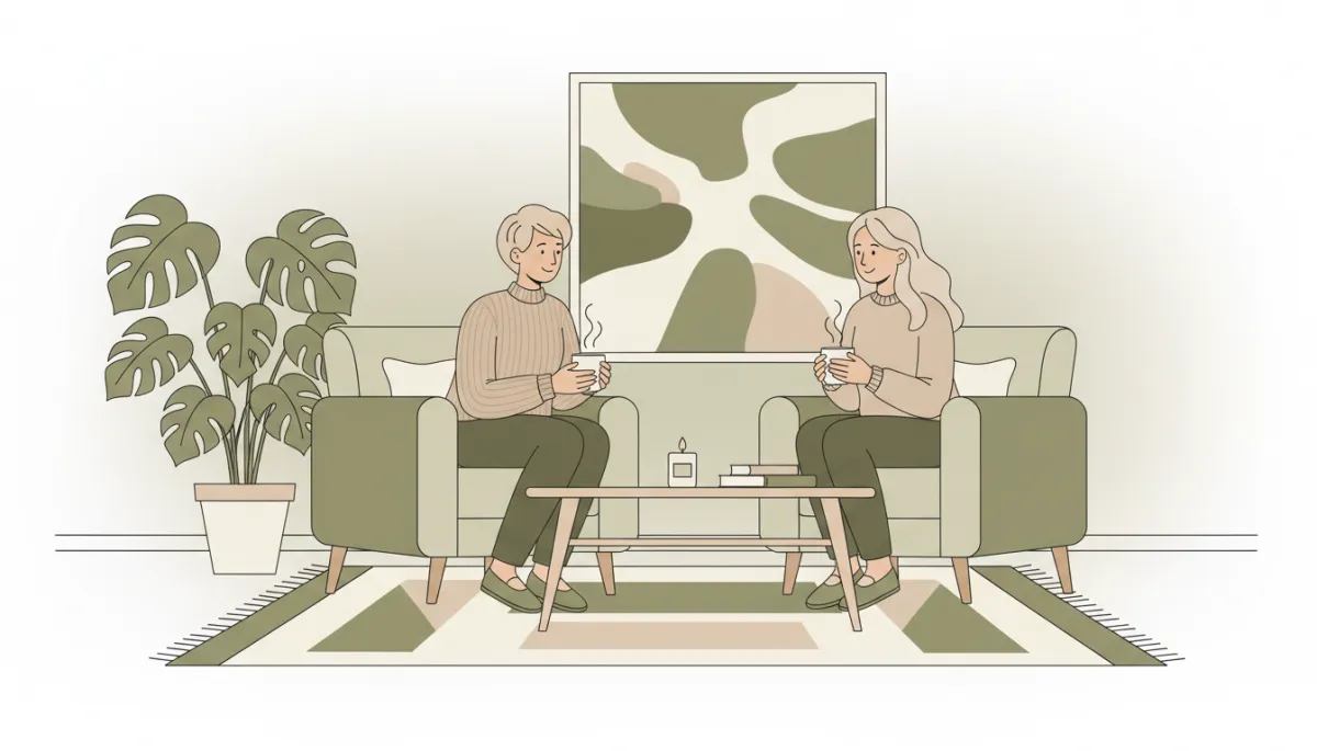 Therapist and woman talking together in a calm, neutral-toned office Therapist and woman talking together in a calm, neutral-toned office
