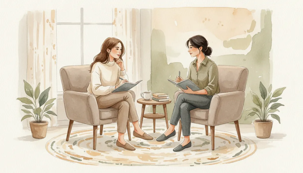 Woman in a calm therapy session talking with a supportive therapist Woman in a calm therapy session talking with a supportive therapist