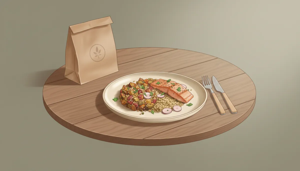 Comparison of a thoughtfully prepared nourishing meal and simple takeout bag