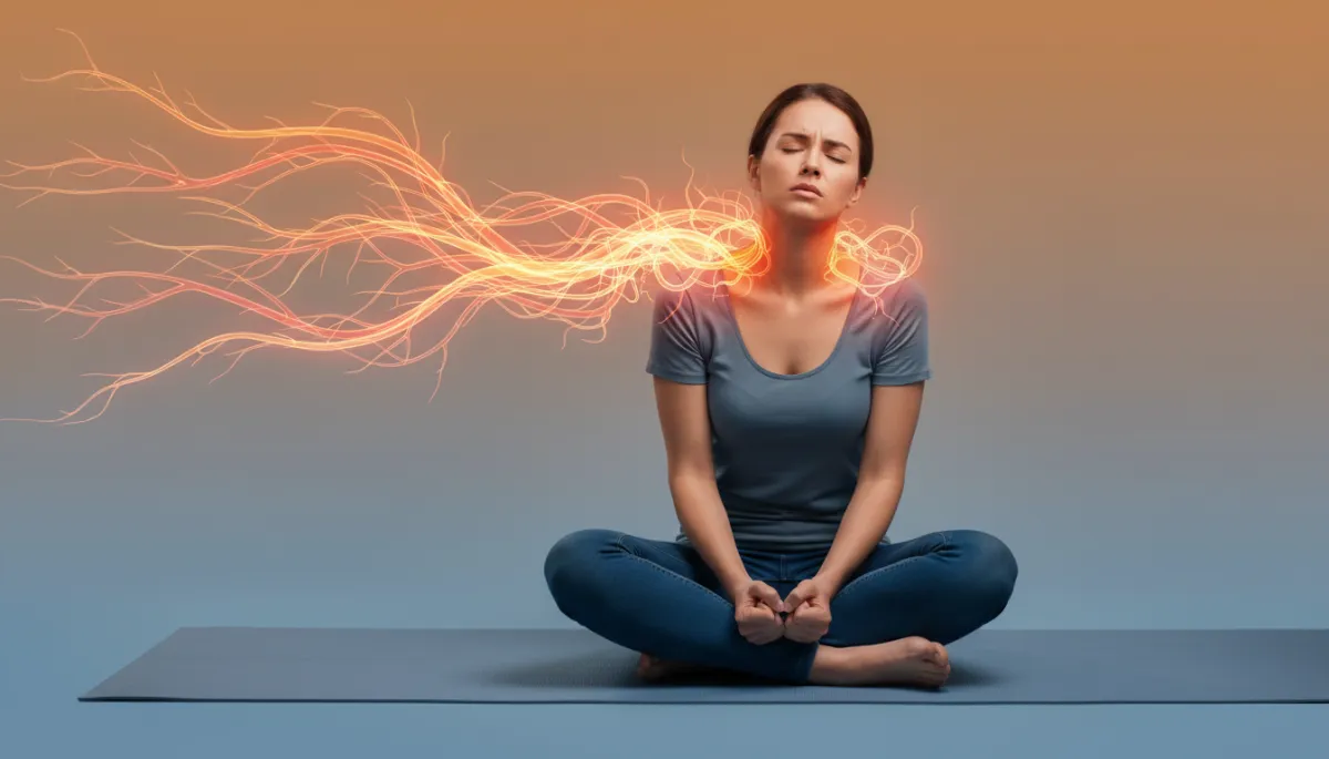 Person som tränar djupandning på en yogamatta i ett lugnt rum