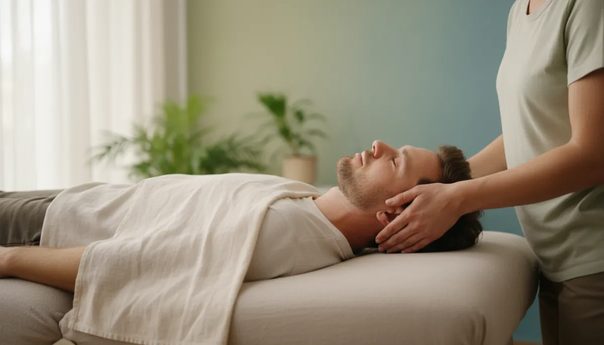 A realistic photo of a body balancing treatment in a wellness clinic. A therapist is performing a gentle adjustment on a client lying on a treatment table, with natural colors, a tranquil atmosphere, and a clear focus on the gentle, non-forceful nature of the treatment. No animation or illustration—real photo only. A realistic photo of a body balancing treatment in a wellness clinic. A therapist is performing a gentle adjustment on a client lying on a treatment table, with natural colors, a tranquil atmosphere, and a clear focus on the gentle, non-forceful nature of the treatment. No animation or illustration—real photo only.