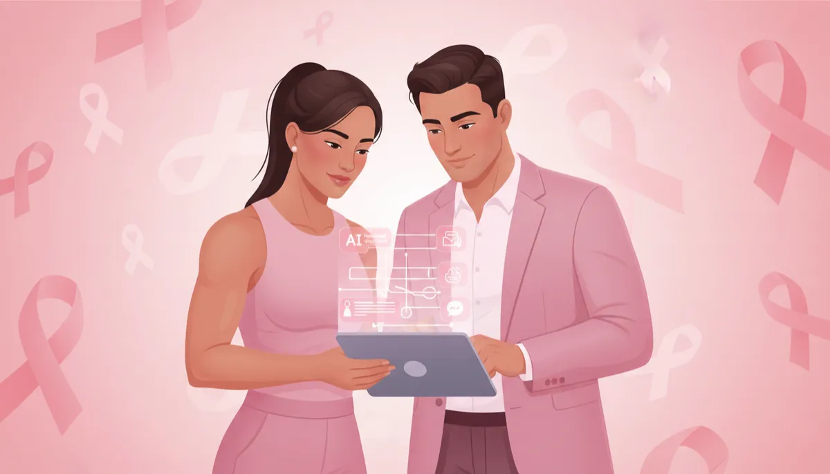 Illustration of wellness business owners using AI tools to manage client communication and scheduling