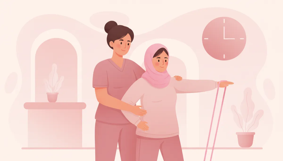 Illustration of a physical therapist supporting a woman in cancer recovery with gentle exercise