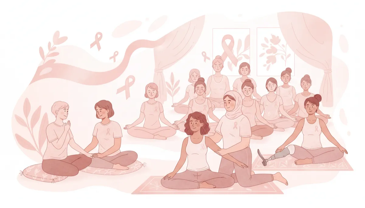 A warm illustration showing a diverse group of women in a supportive health and wellness setting. The scene should evoke community and care, with women of various backgrounds and body types engaging in gentle fitness, relaxation, or supportive conversation. The illustration style should be soft and inviting, with a pink and blush color palette, and subtle breast cancer awareness ribbons integrated into the composition.
