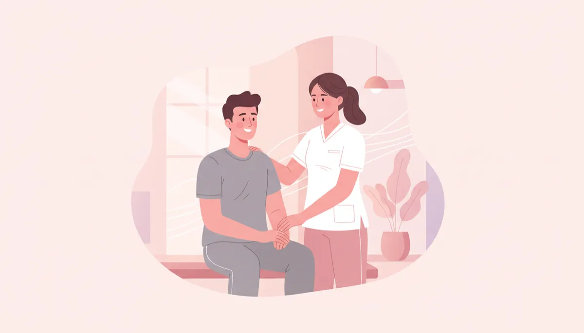 A warm, compassionate scene of a health and wellness professional (such as a physical therapist, gym owner, or med spa practitioner) connecting one-on-one with a client in a supportive, human moment. Warm illustration style, pink and blush color palette.