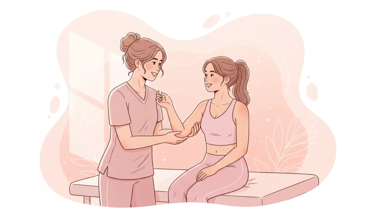 A warm, compassionate scene of a health and wellness professional (such as a physical therapist, gym owner, or med spa practitioner) connecting one-on-one with a client in a supportive, human moment. Warm illustration style, pink and blush color palette.
