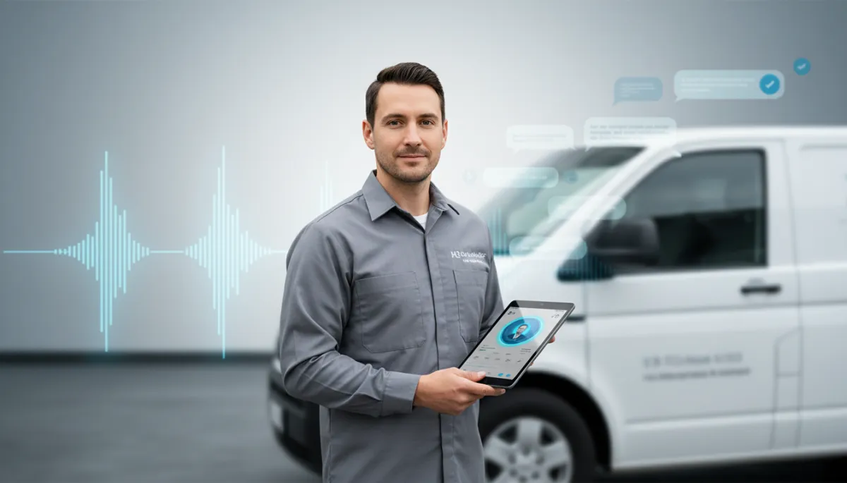 photorealistic scene of a modern HVAC technician in a clean service uniform standing next to a work van, holding a tablet showing an AI call dashboard, with a subtle phone waveform and chatbot interface overlay in the background, neutral color palette with cool grays and soft whites