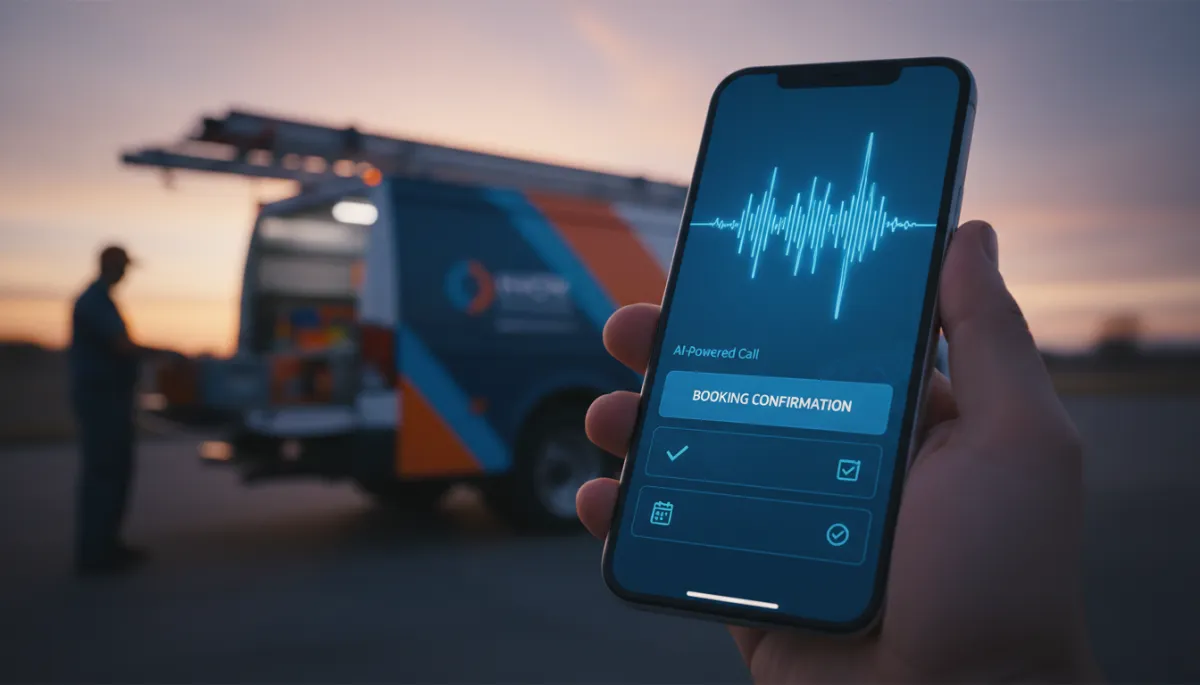 photorealistic close-up of a smartphone showing an AI-powered call interface with waveform and booking confirmation screen, blurred background of a branded HVAC service truck and technician loading tools at dusk, professional high-contrast modern tech aesthetic