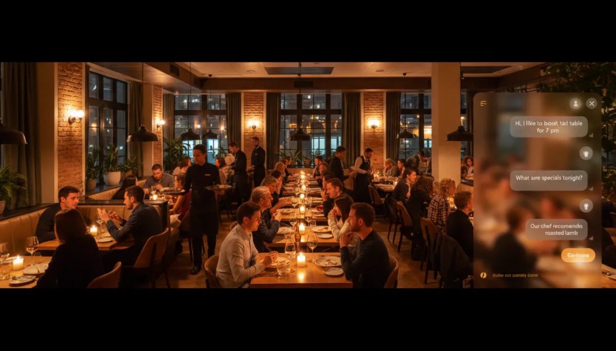 photorealistic busy modern restaurant dining room at dinner rush, warm ambient lighting, staff serving guests, with a semi-transparent digital chat interface overlay on the right side showing a conversation about booking a table and answering menu questions, professional photography, warm color palette