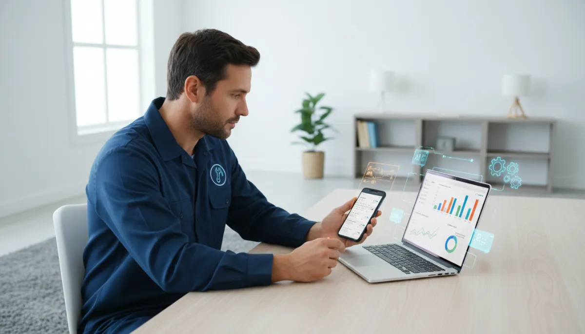 photorealistic wide 16:9 scene of a professional plumber in a clean modern home office, wearing work shirt with logo, looking at a laptop and smartphone showing dashboards, chat bubbles, and calendar bookings overlaid with subtle holographic-style AI and automation icons and flows, neutral color palette, bright but natural lighting