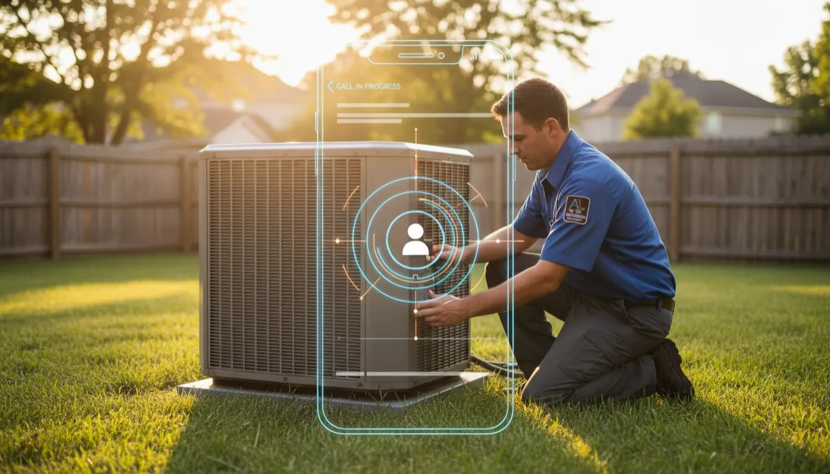 photorealistic HVAC technician in uniform kneeling beside an outdoor AC condenser unit in a suburban backyard, warm natural late-afternoon lighting, overlaid with a sleek transparent smartphone interface showing an AI phone agent screen handling an incoming customer call, subtle glowing call-routing lines suggesting automation