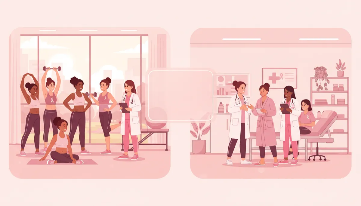 warm illustration of diverse women and health and wellness professionals standing together in a gym and clinic setting, soft pink, blush, and rose palette, subtle breast cancer ribbons, gentle lighting, overlay text area in center
